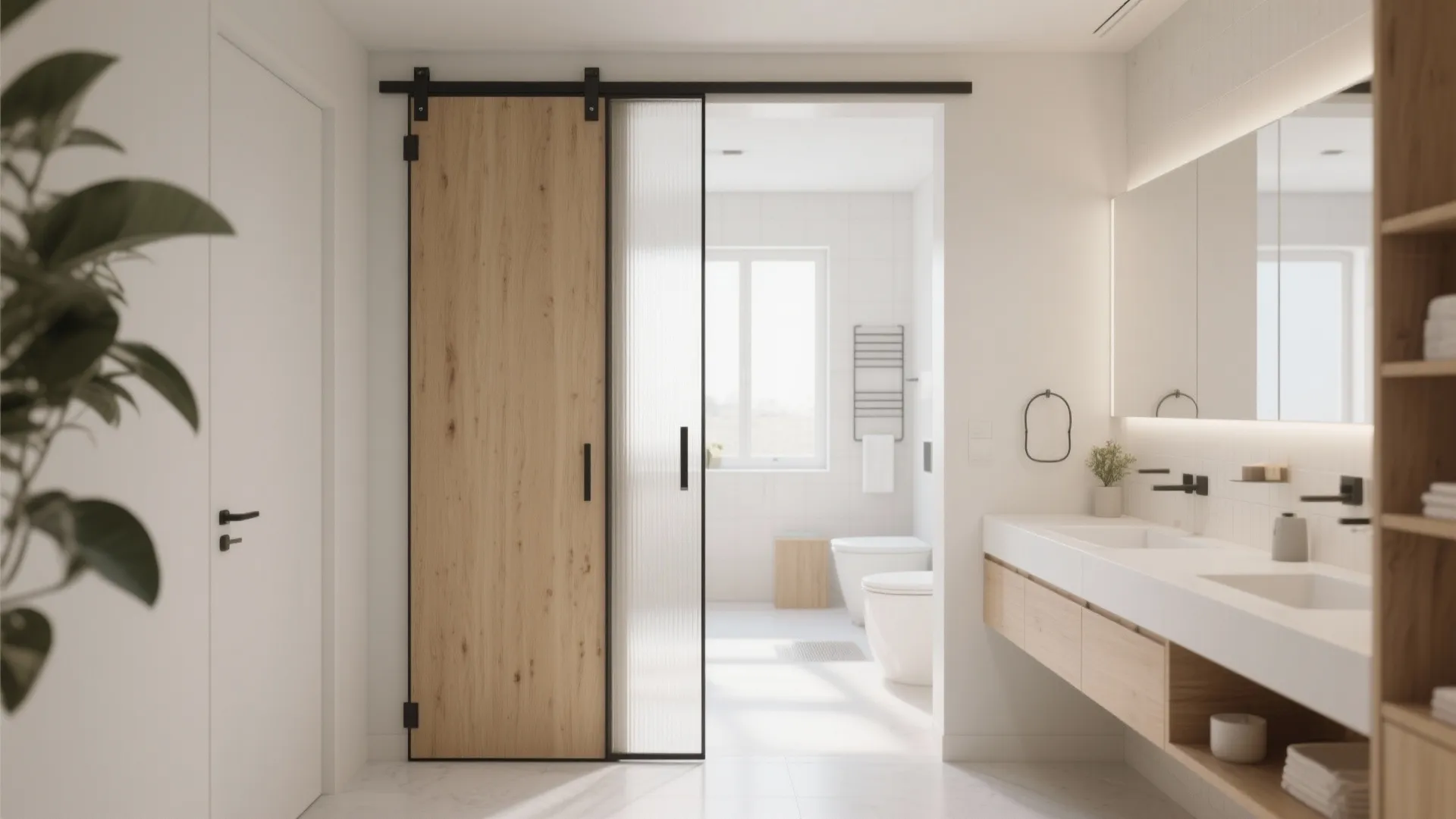 Modern bathroom with wooden sliding door frosted glass panel white sink and light wood cabinet
