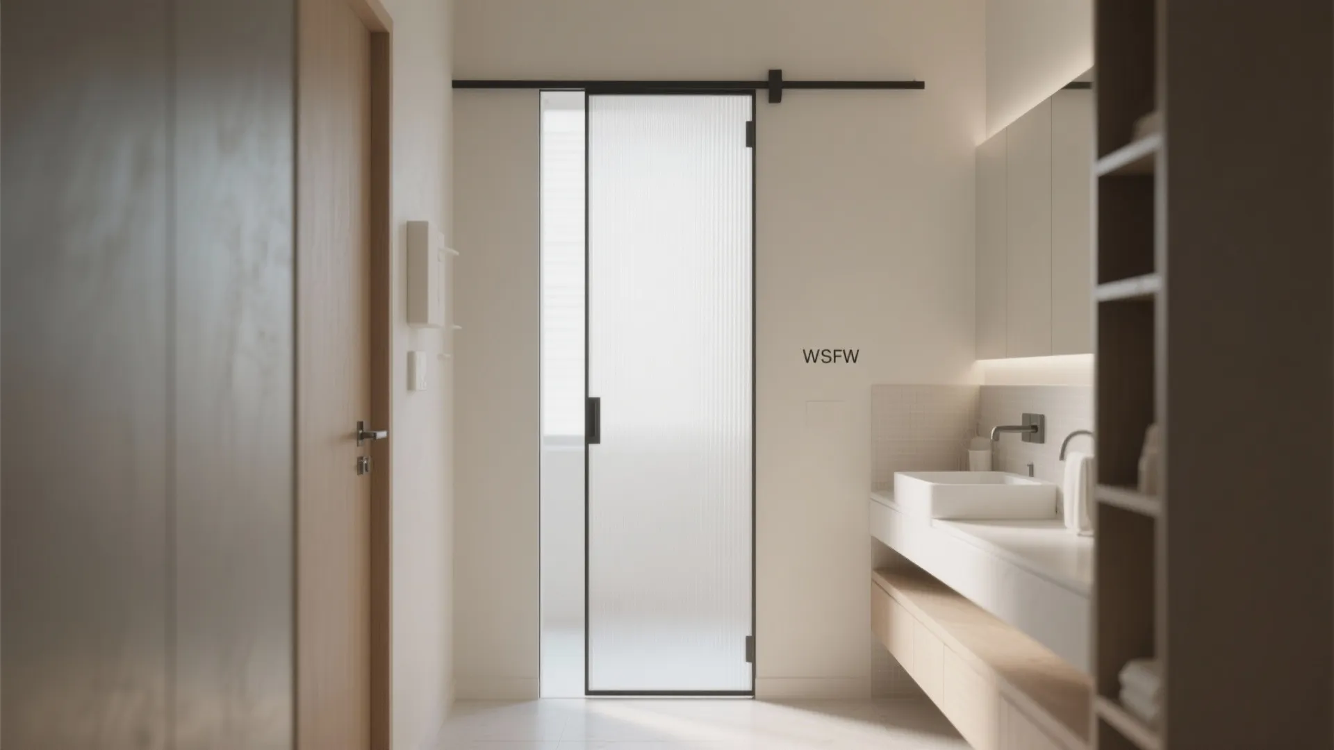Sliding pocket door entrance to a modern bathroom