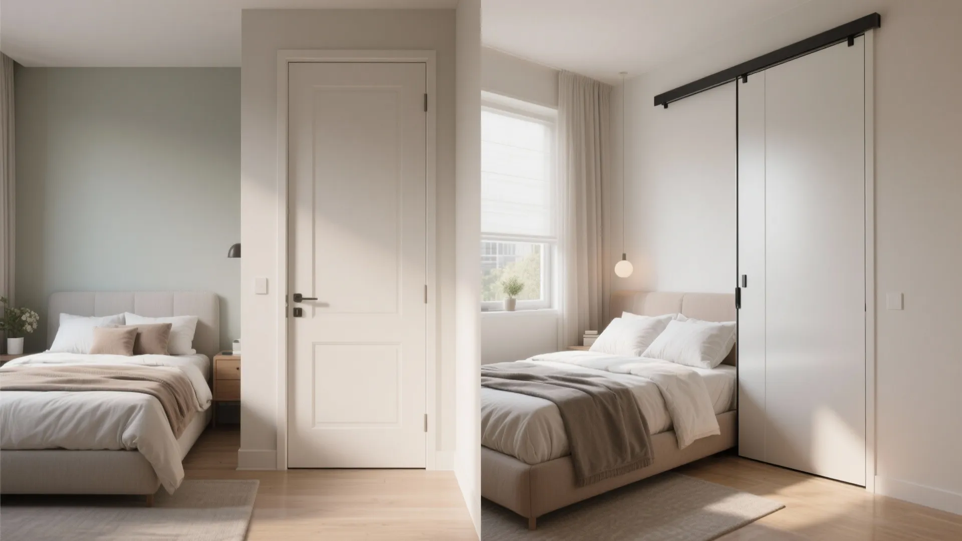 Bedroom with swing door replaced by sliding pocket door