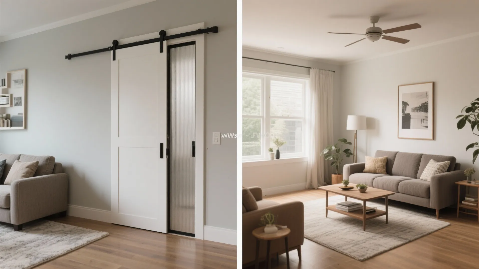 White sliding door with black hardware next to a bright living room with a sofa
