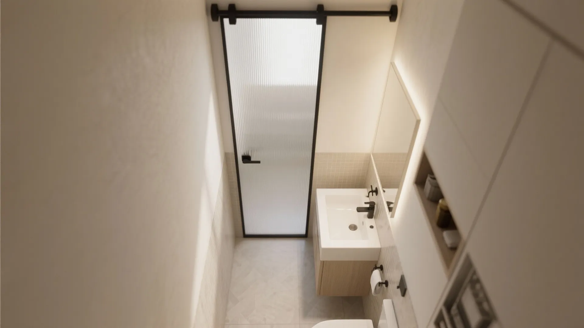 Small bathroom interior with white sink wooden cabinet black sliding glass door and bright mirror