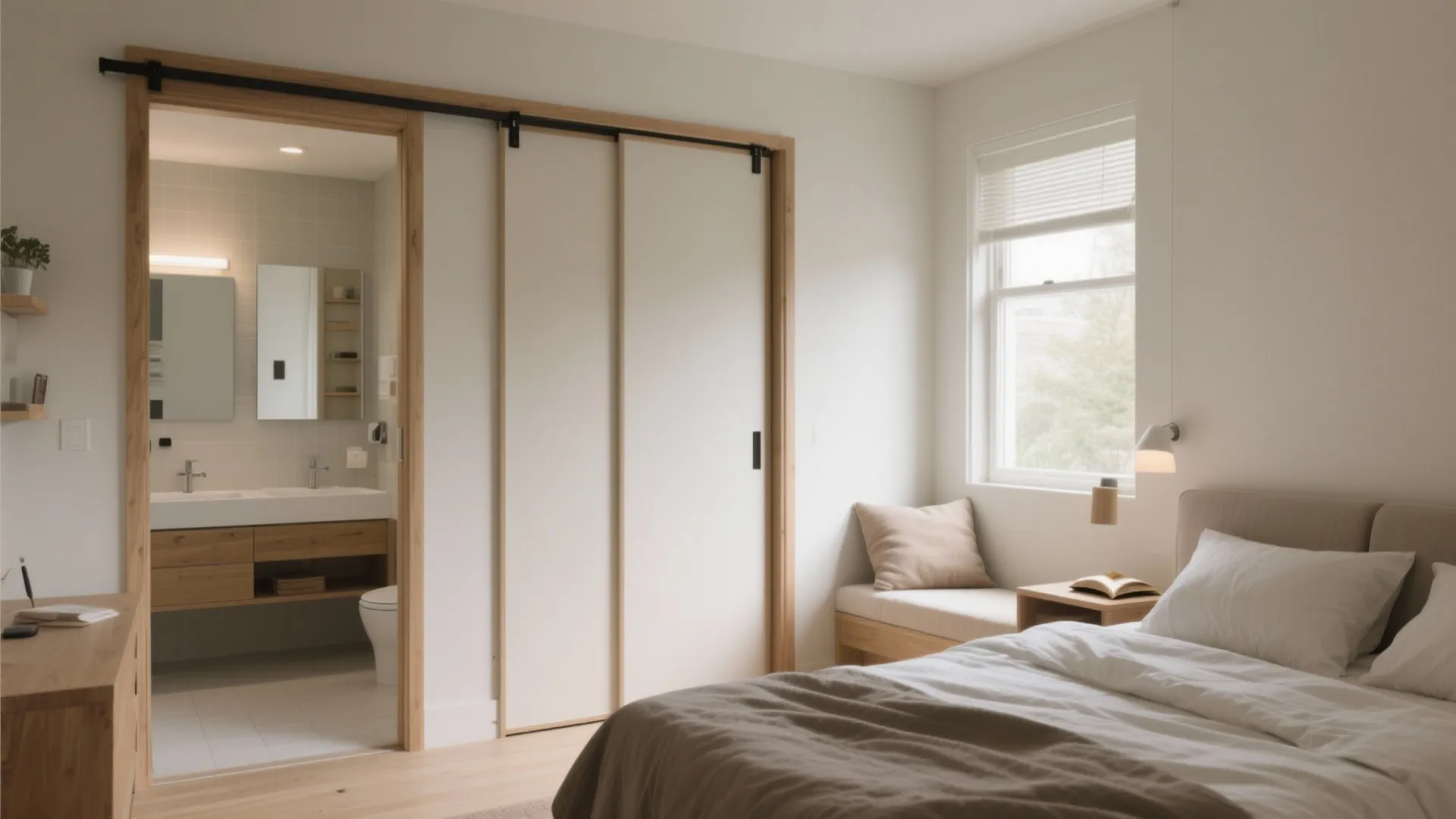 Minimalist bedroom featuring sliding doors that open to show a bathroom with a wooden cabinet