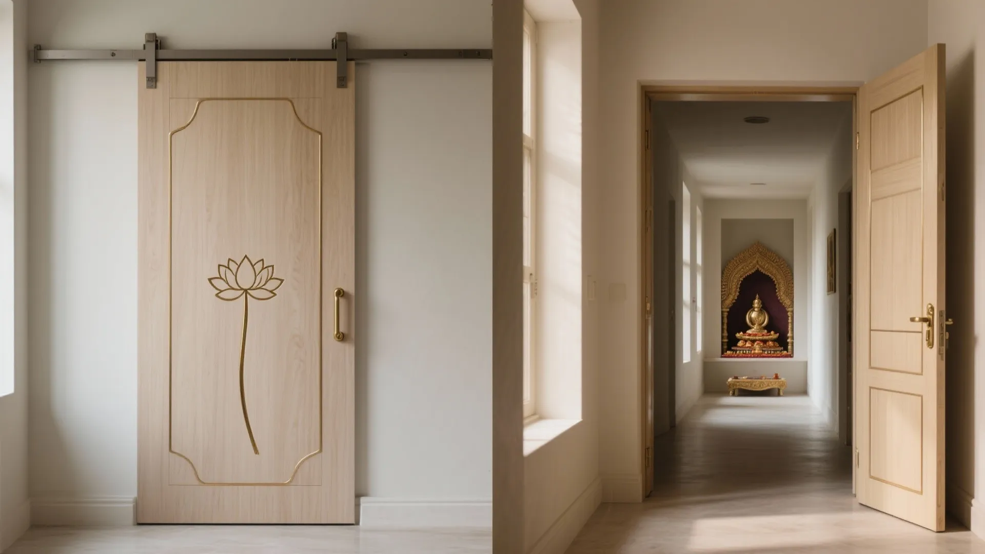 4) Sliding pocket or barn-style doors with sacred motifs