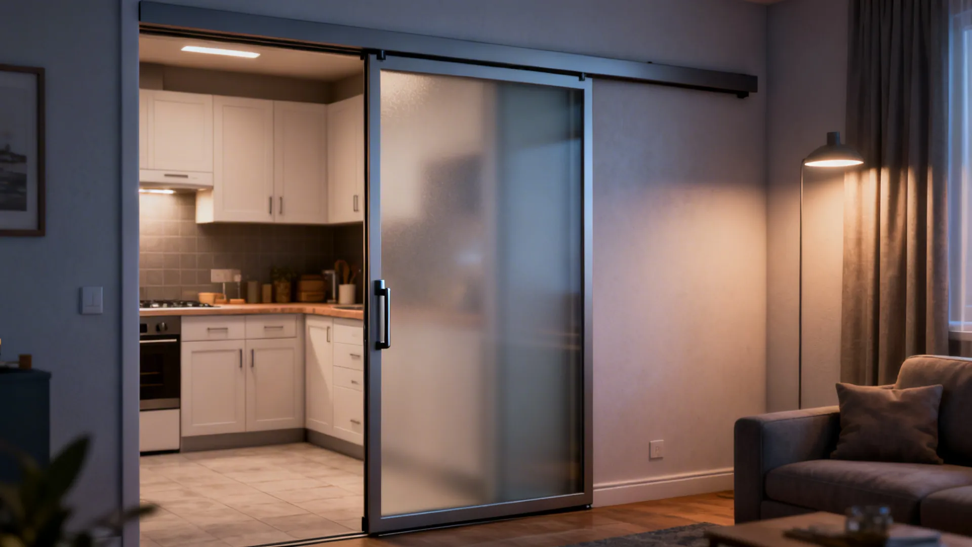 Frosted glass sliding pocket door partially closed between kitchen and living room