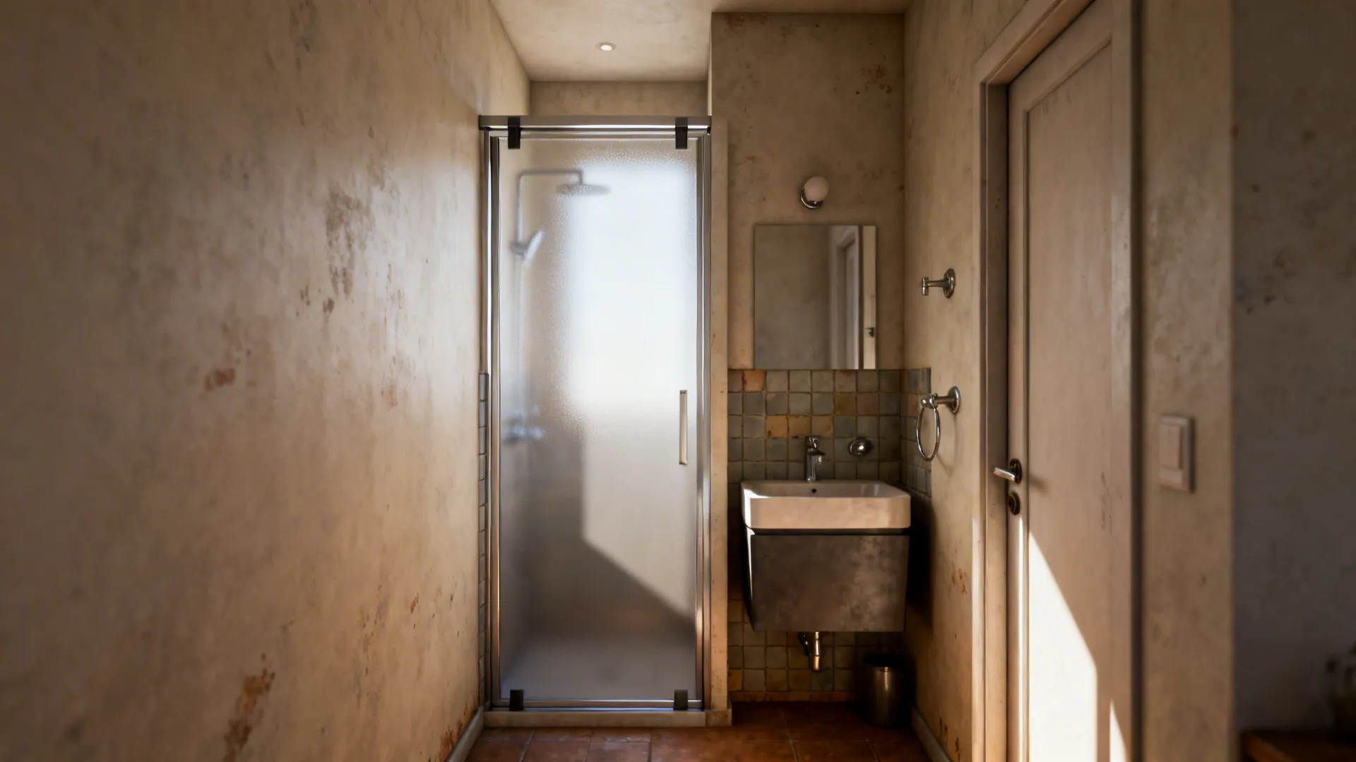 Small bathroom with sliding glass shower door and pocket entry door, showing increased clearance.
