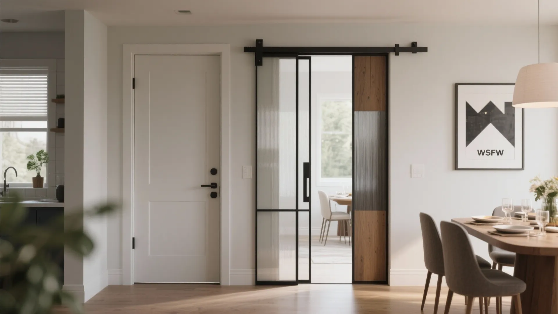 Modern sliding glass door with black metal frame separating a dining area from a bright room