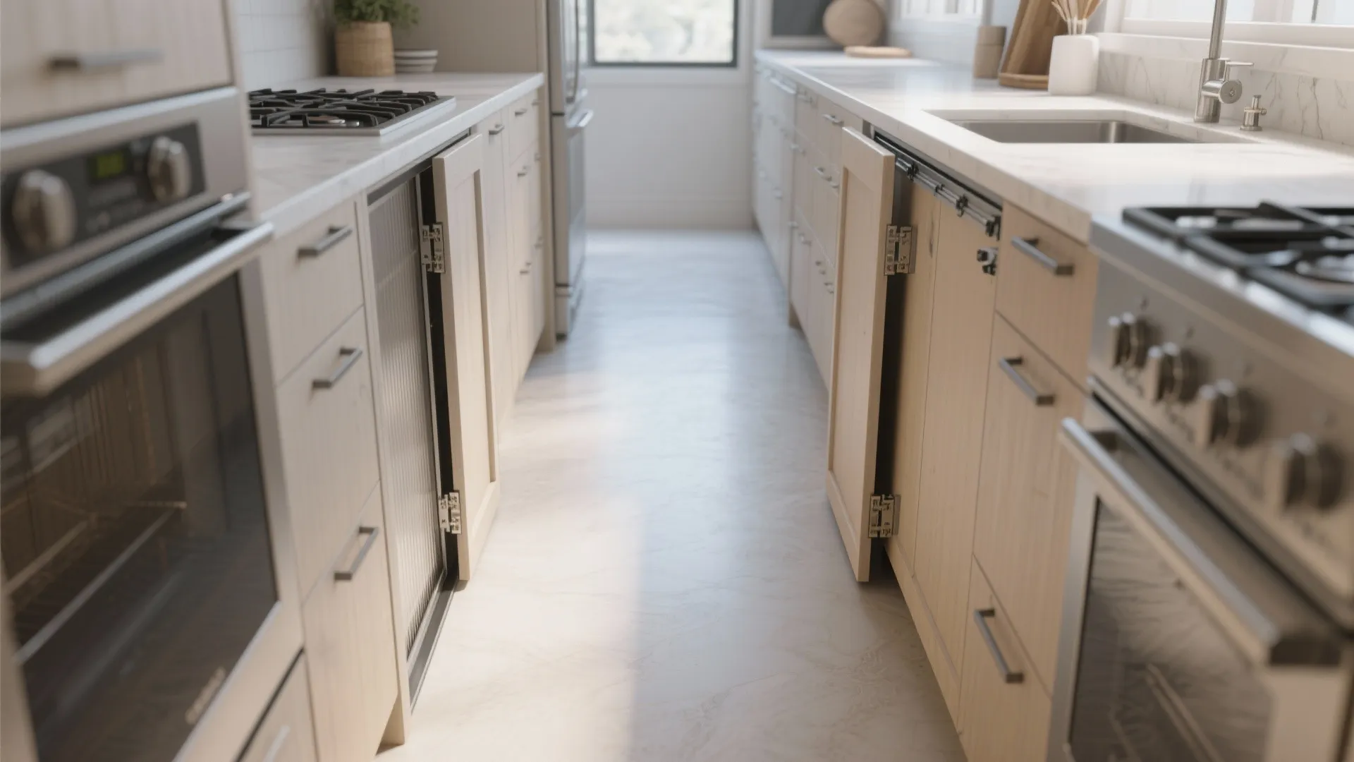 Modern kitchen aisle with light wood cabinets featuring sliding pocket doors and stainless steel appliances