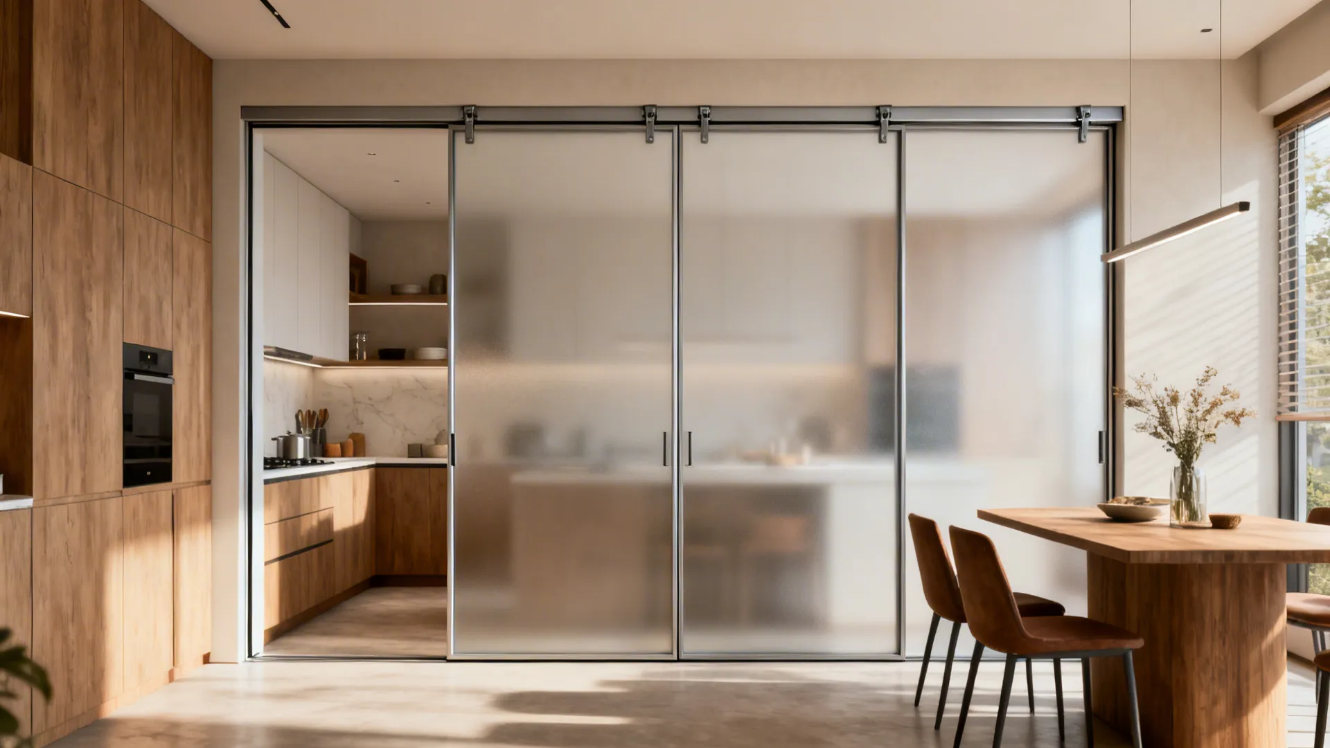 Frosted glass pocket doors separate kitchen and dining while preserving light.