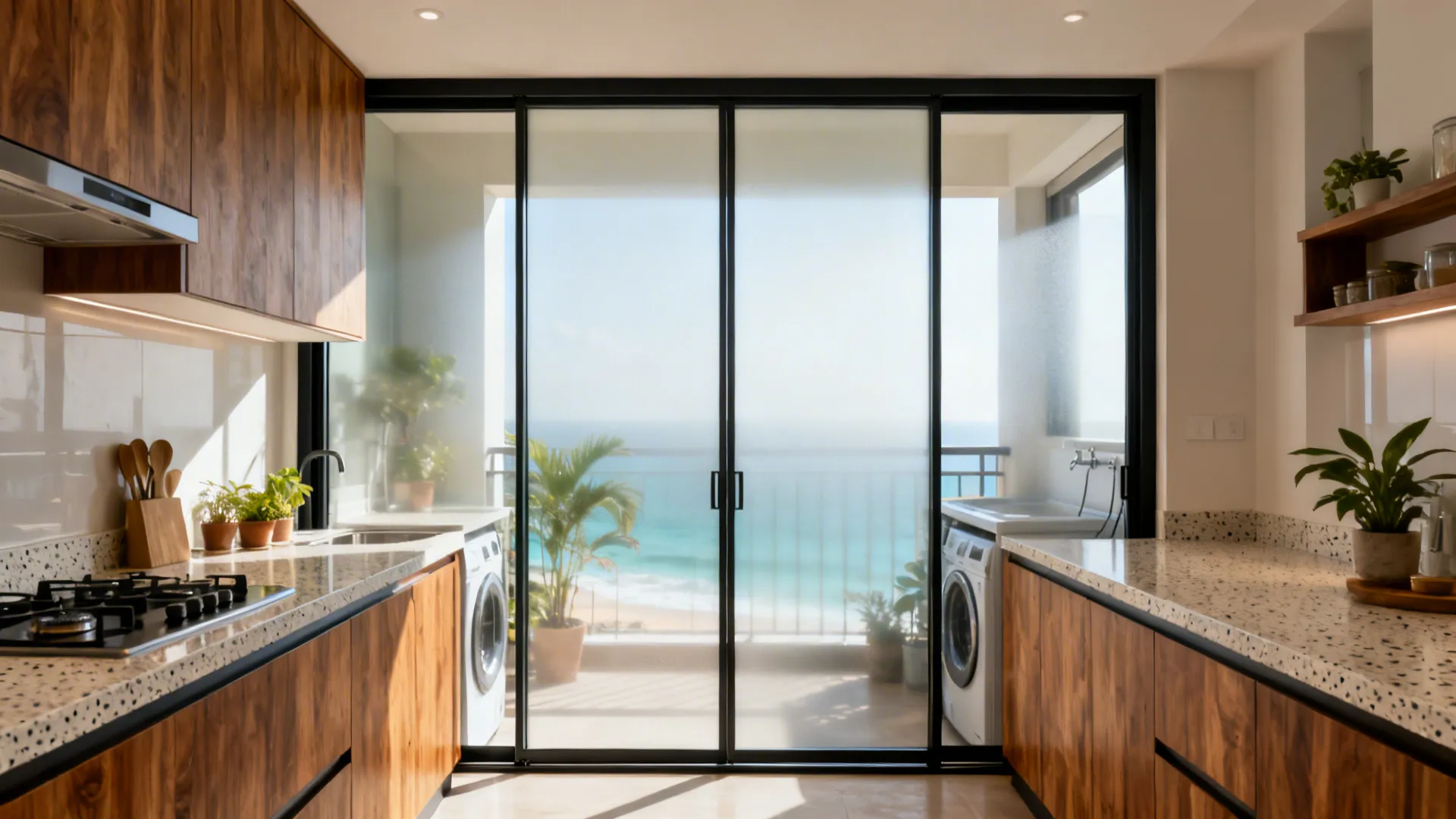 Kitchen with full-height sliding glass pocket doors to a utility balcony, top-hung with slim frames.