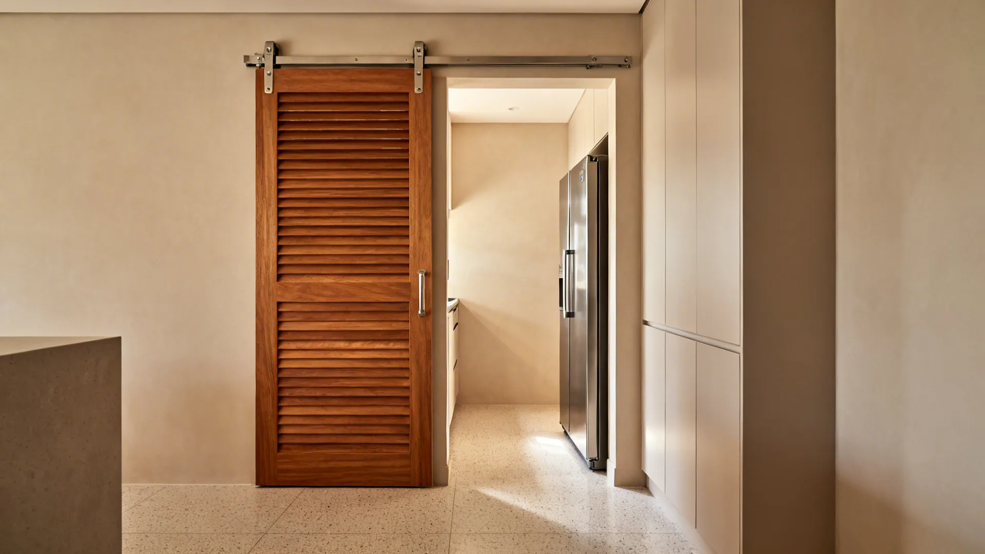 Top-hung sliding woodgrain shutter pocket door freeing space near a fridge.