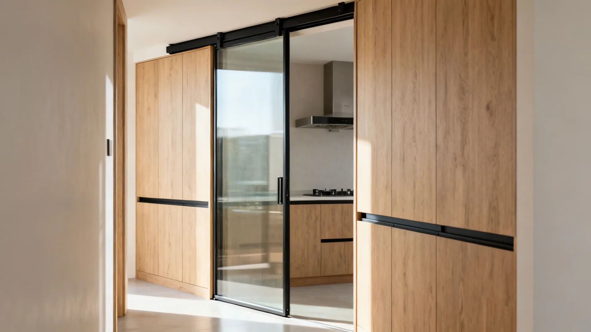Sliding laminated glass pocket door between hall and kitchen allowing light while saving space.