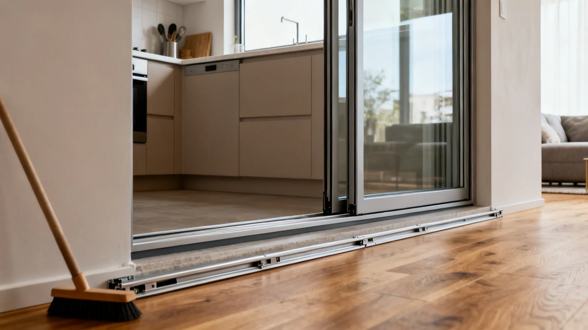 Small kitchen with a sliding pocket window partially open to the living area