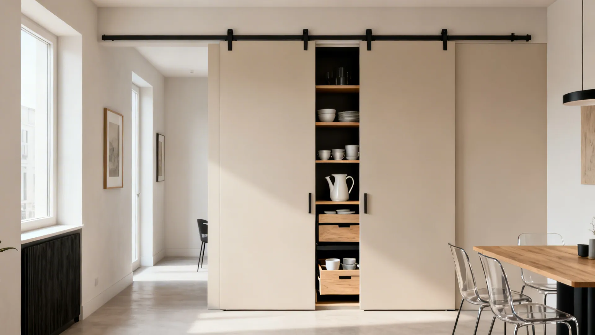 4) Sliding Pocket Panels with Hidden Crockery Pantry