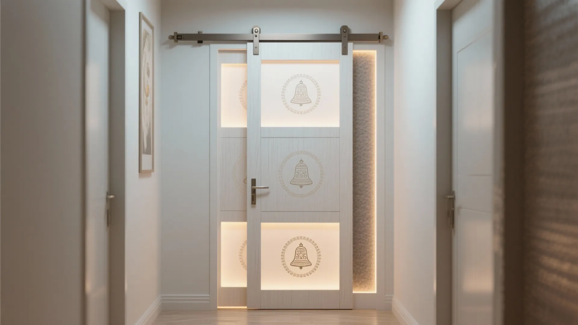 White sliding door in a bright hallway featuring three backlit glass panels with bell designs