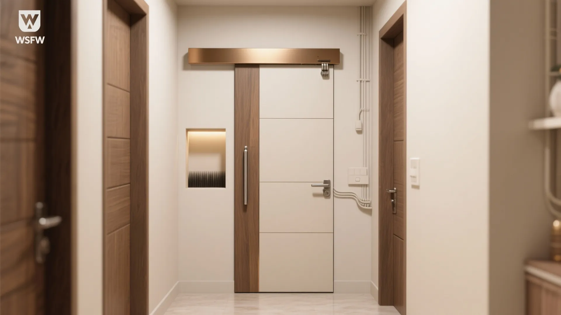 Slim pocket sliding pooja door in a compact corridor with clean recessed track.