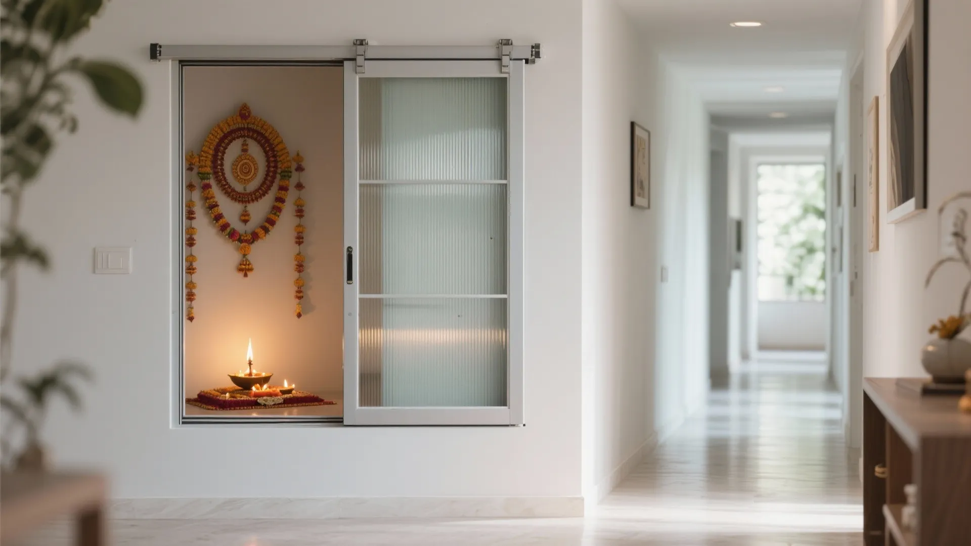 Modern prayer room features white walls sliding glass door lit lamp and traditional wall decoration