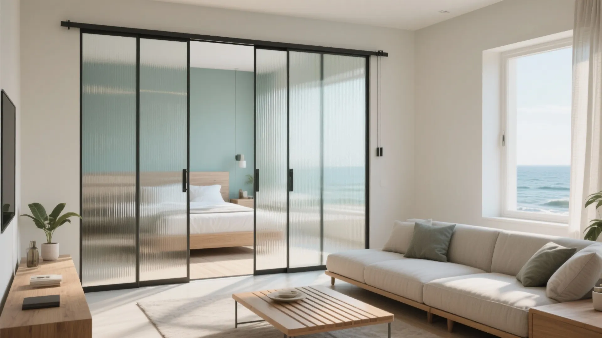 Living room with fluted-glass pocket doors and a comfortable sofa-bed under soft daylight.