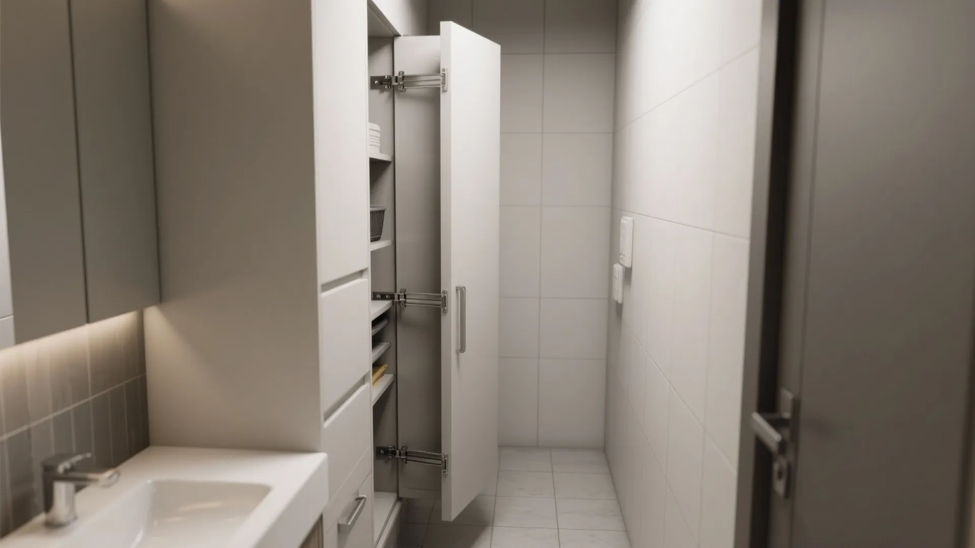 Narrow vanity with sliding pocket cabinet doors and visible smooth runner hardware.