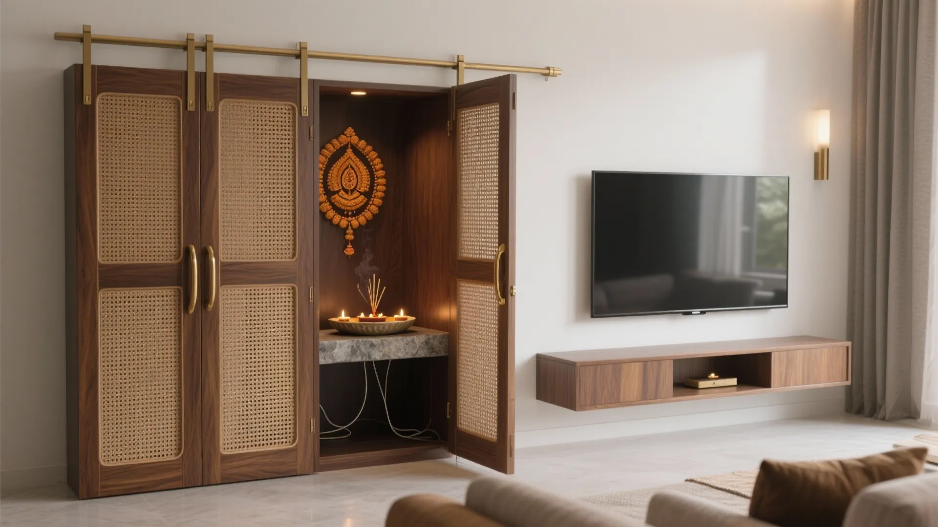 Sliding-door pooja cabinet beside TV