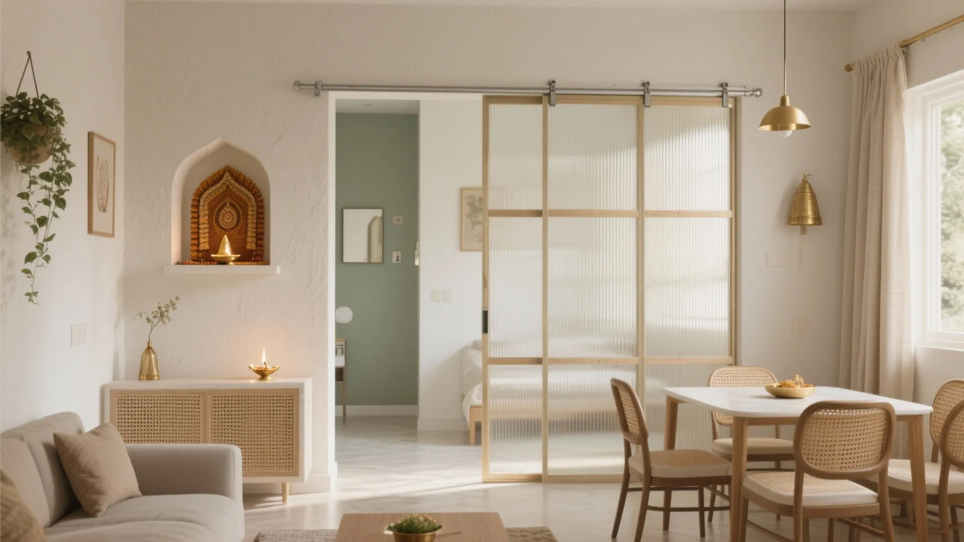 Modern living room with sliding glass doors dining table rattan chairs and small wall prayer niche