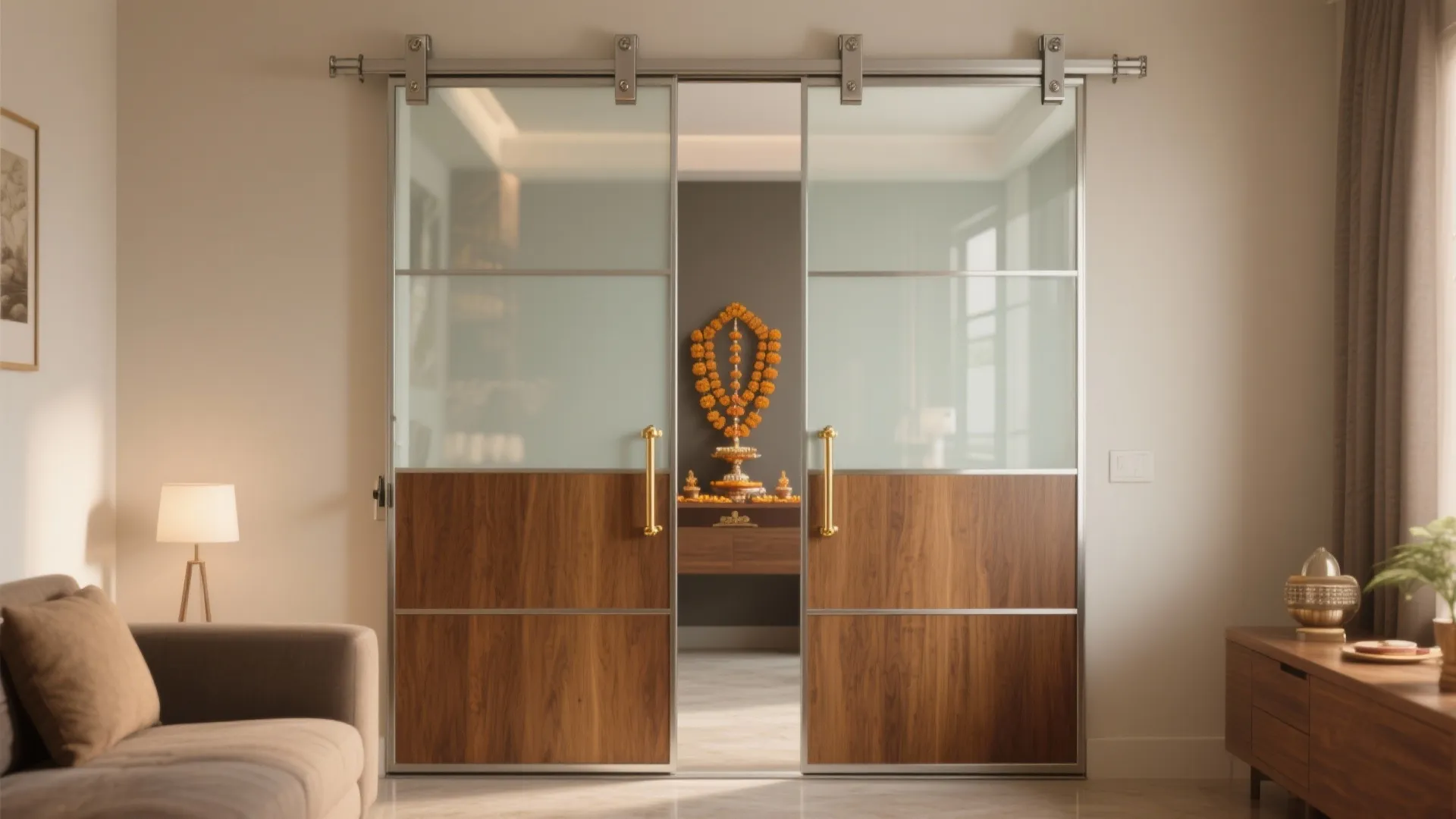 Sliding Wood-and-Glass Doors for Compact Pooja Niches