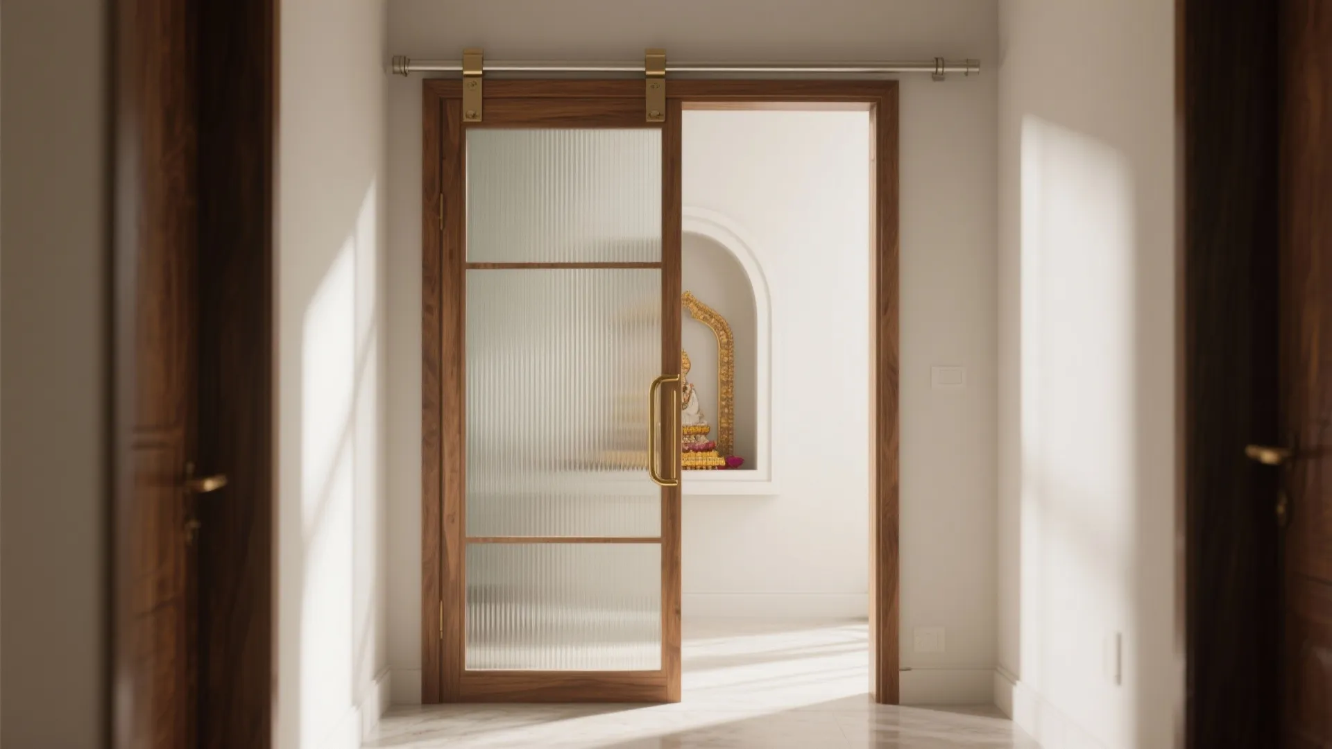 Modern wooden sliding door with glass panels leading to a small prayer room with gold statue
