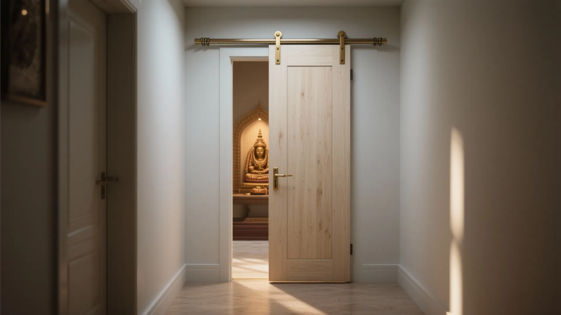 Light wood sliding door opening into a prayer room with a golden statue and lighting
