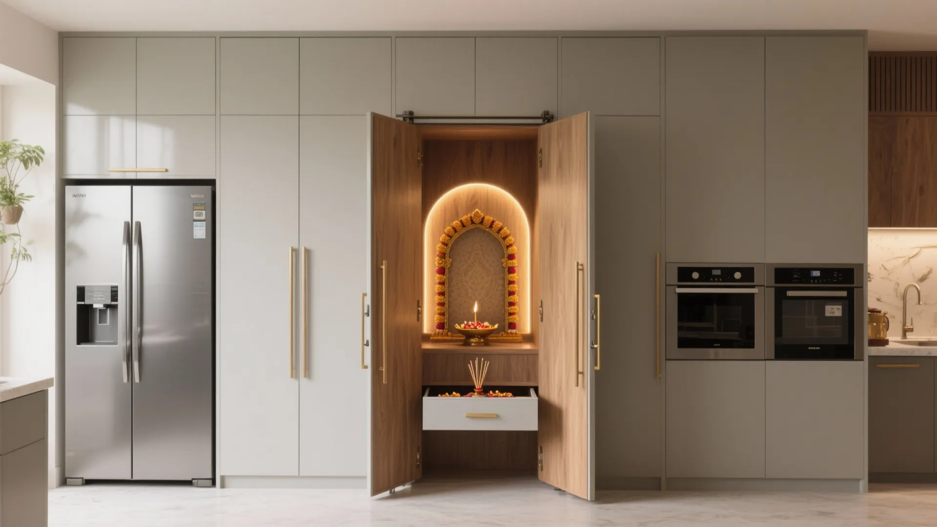 Modern grey kitchen cabinets featuring integrated wooden prayer space with small altar and warm light