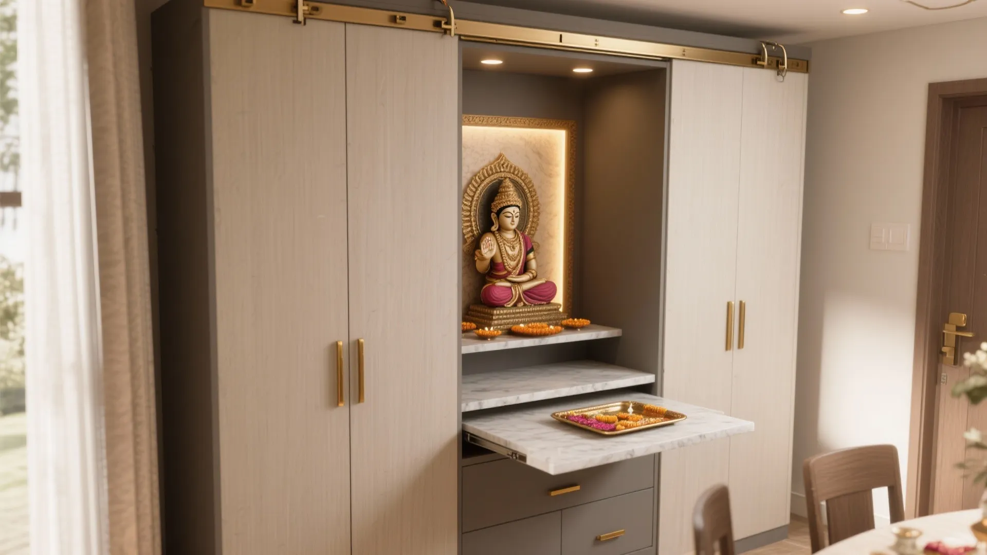 Sliding-Door Pooja Armoire With Pull-Out Tray