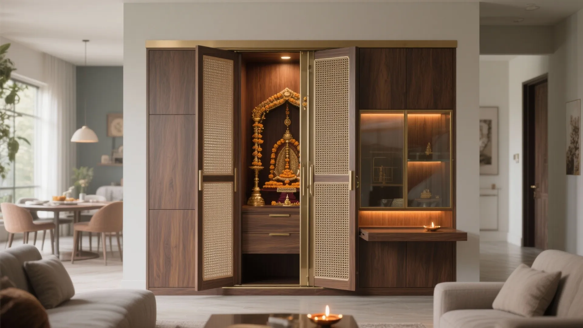 Dark wood cabinet with mesh doors open showing an inner prayer space and light fixture