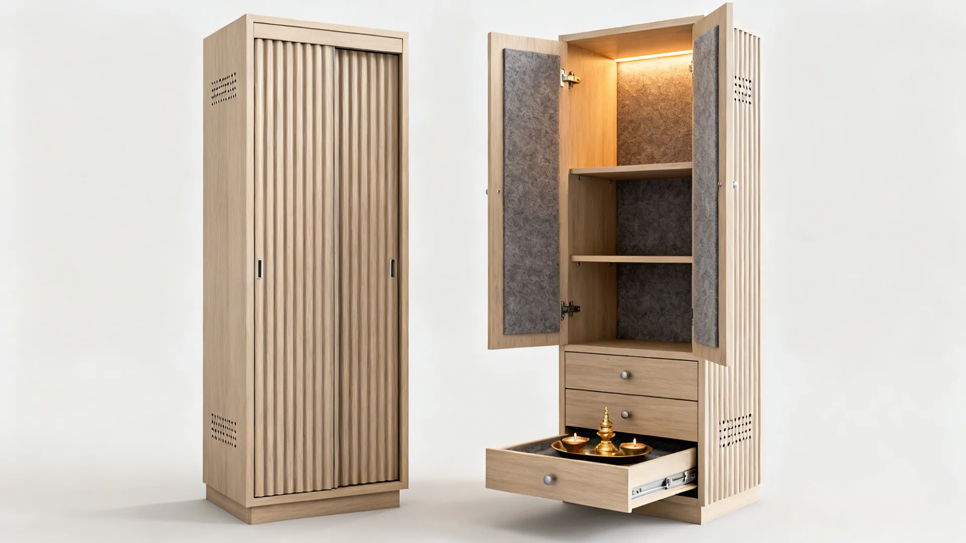 Slim fluted wood pooja cabinet shown closed and open, revealing serene interior lighting and storage.