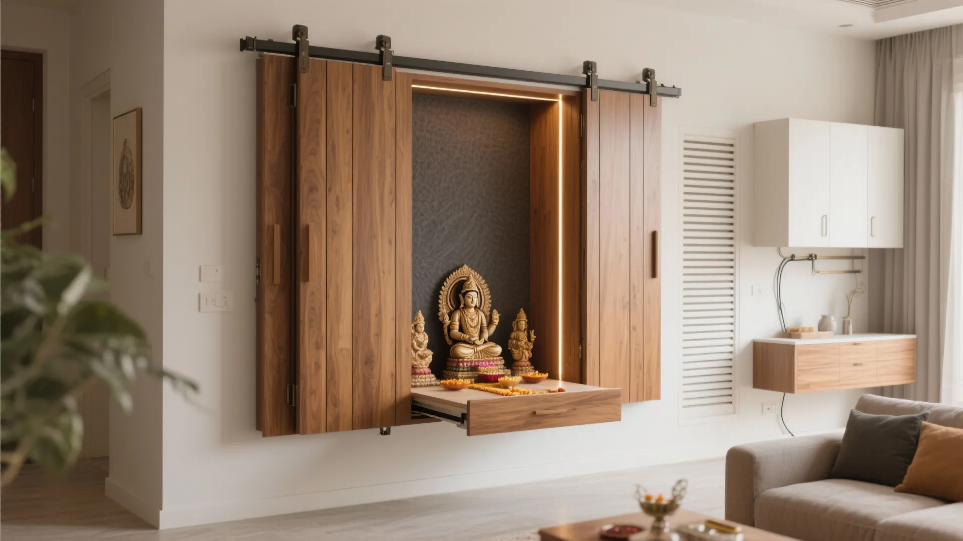 2) Sliding-door pooja cabinet that blends with the hall