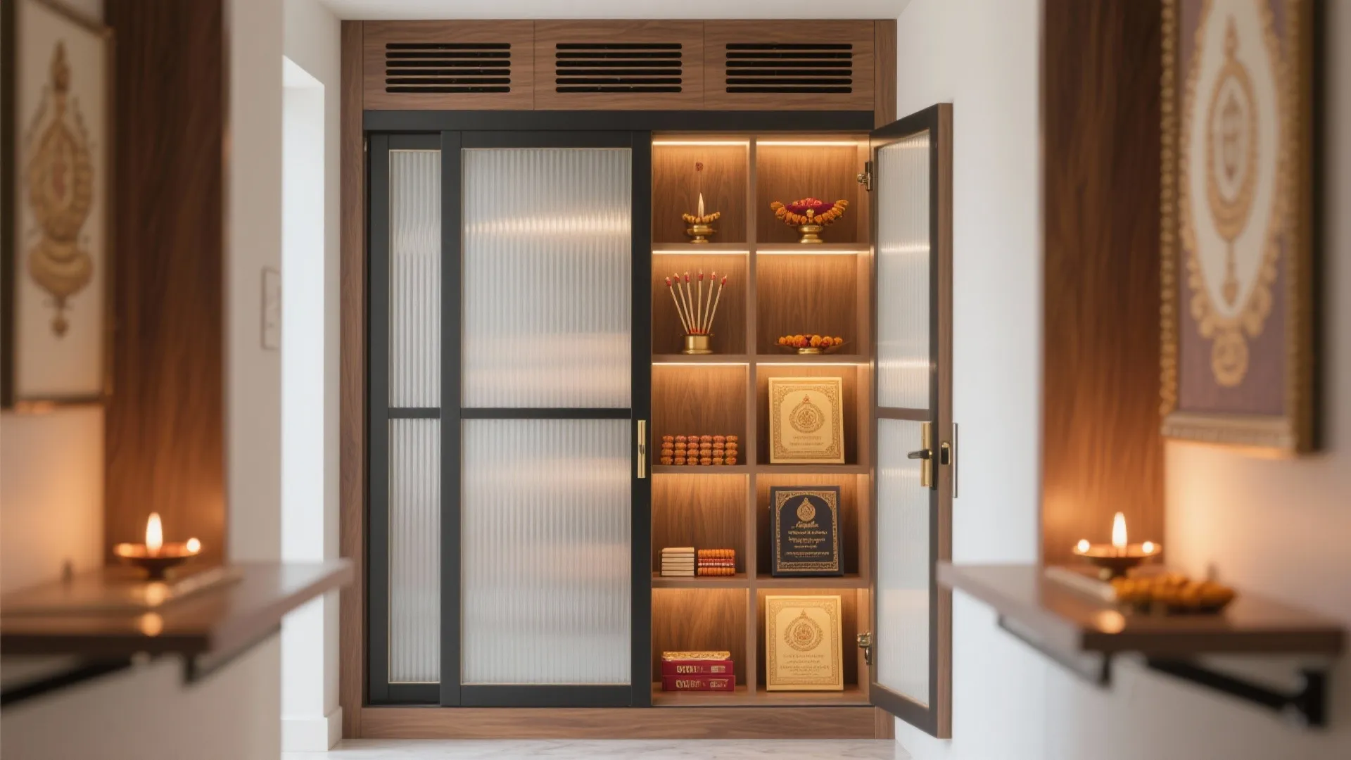 Wooden wall cabinet with sliding glass doors built in shelves and internal warm yellow light fixture