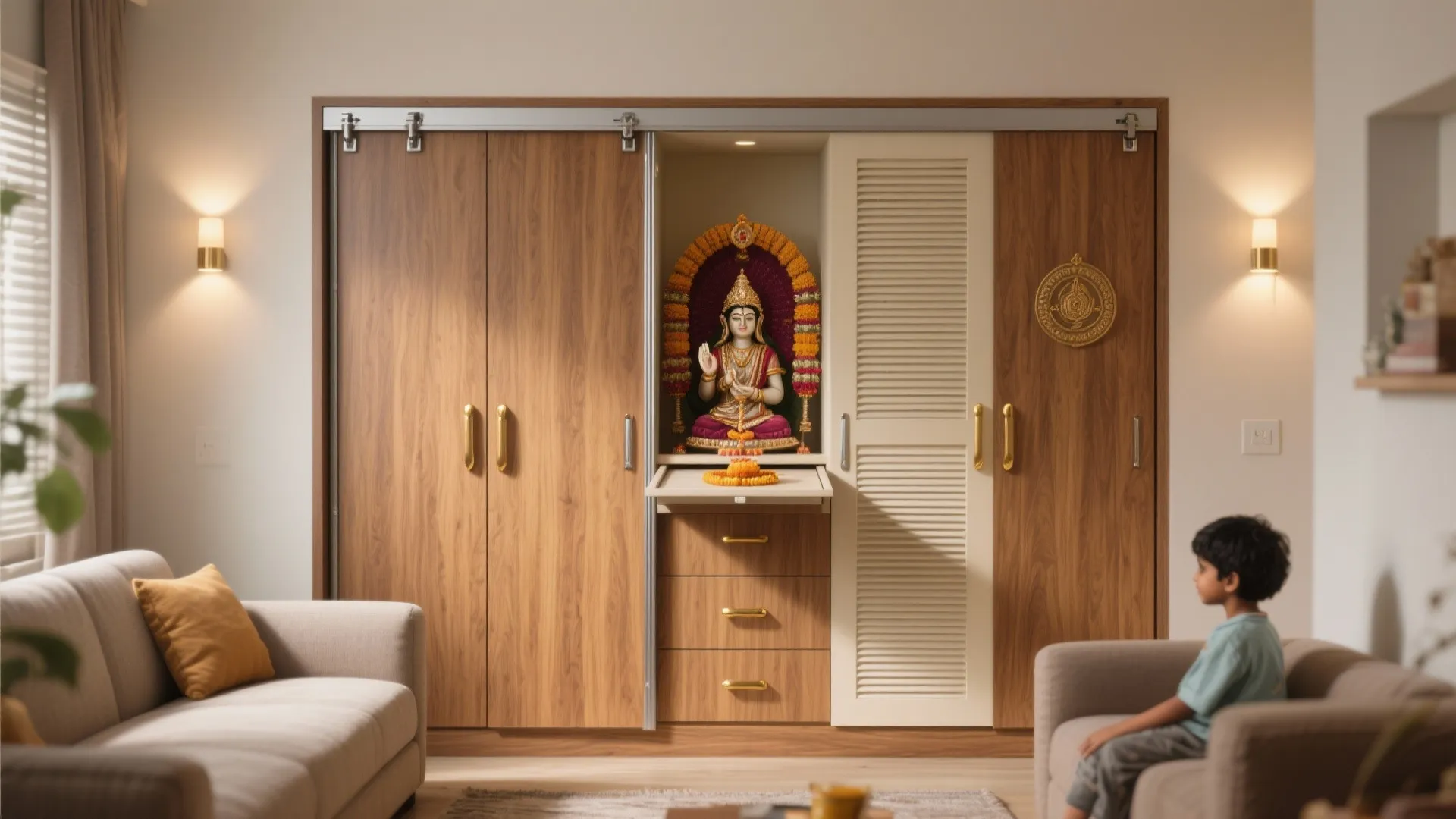 Modern living room with a sliding wood cabinet door revealing a traditional prayer room area
