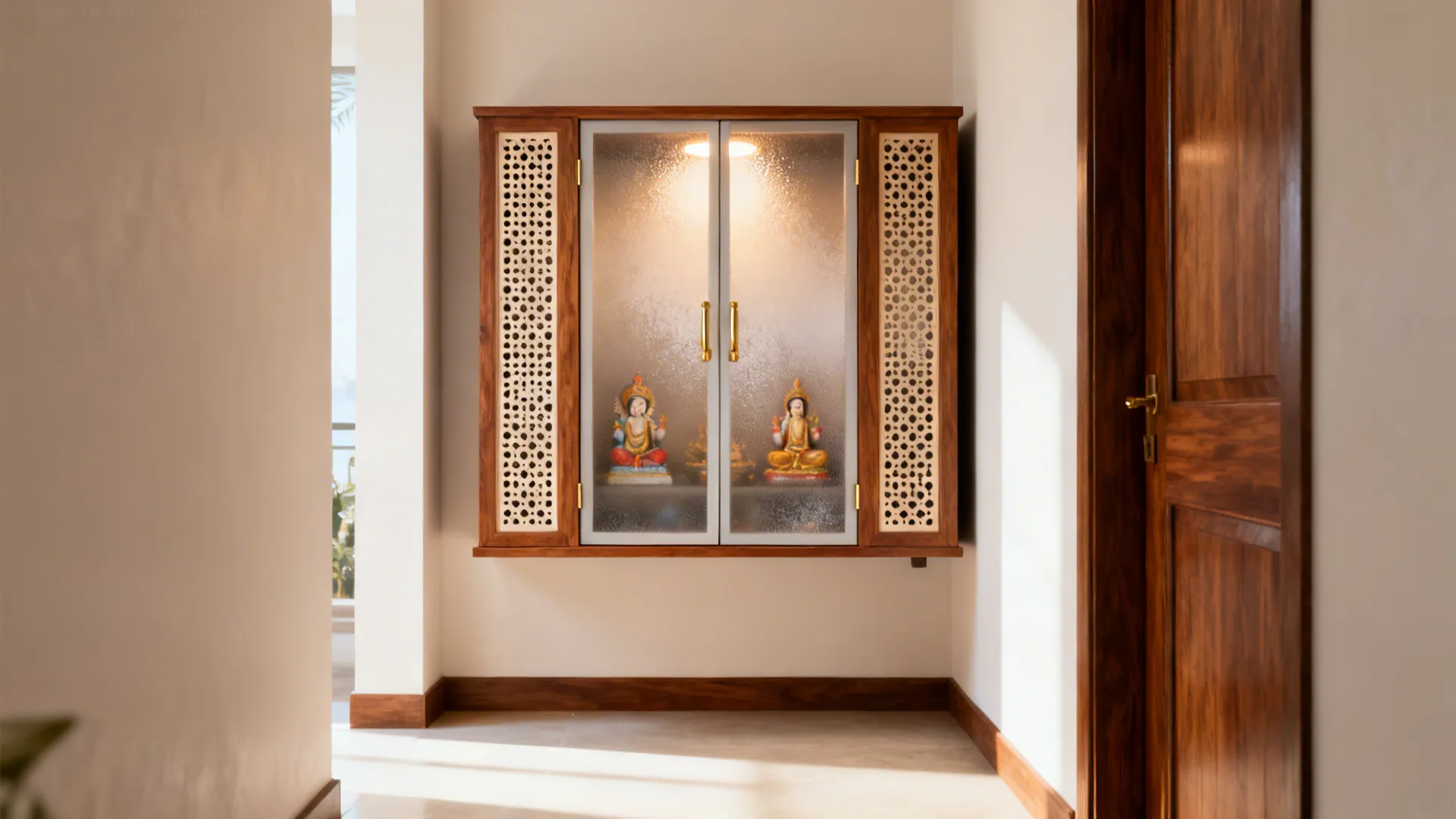 Wall-hung pooja cabinet with frosted sliding glass and jali sides in a small corridor.