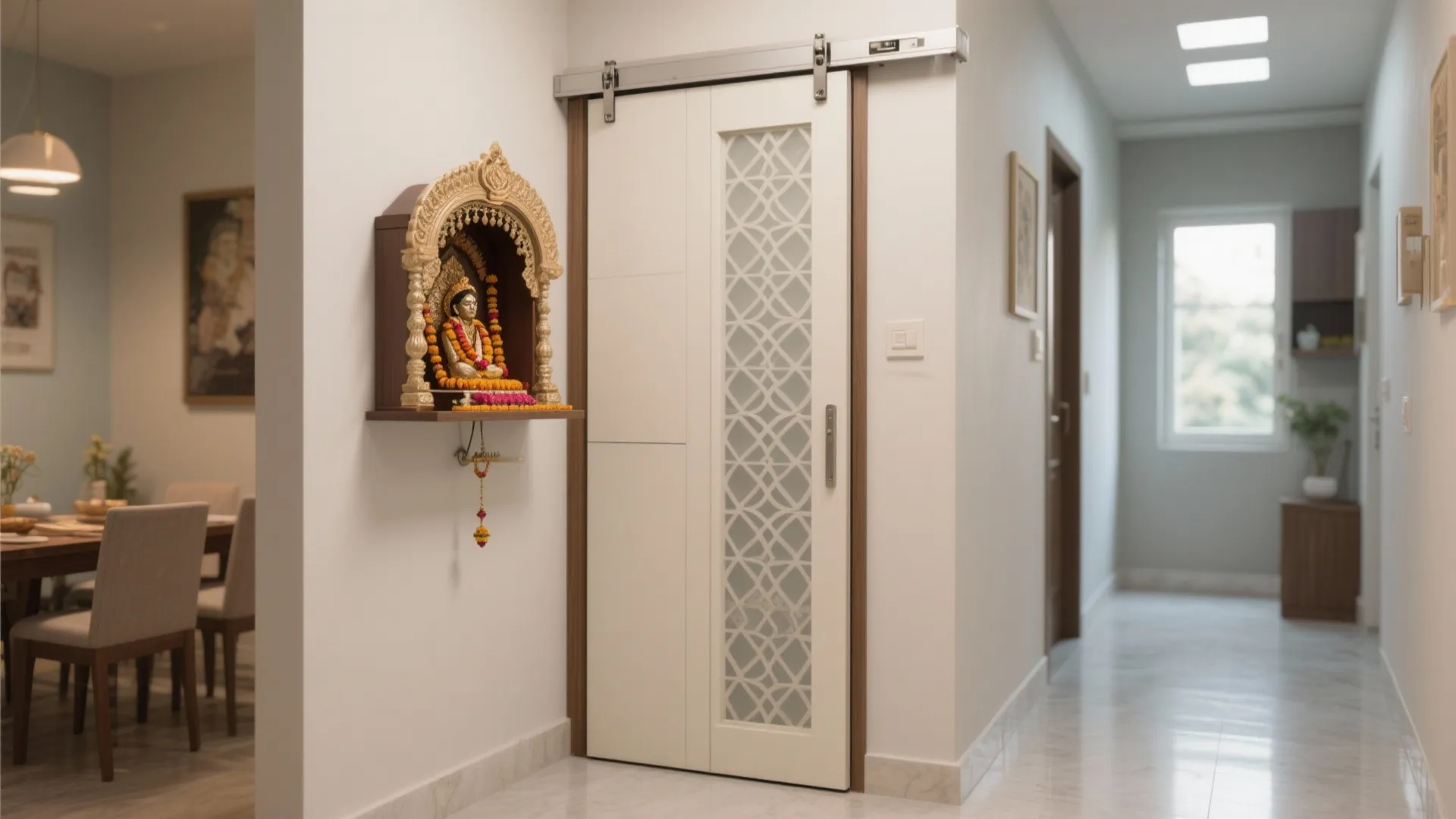 Modern white sliding door with glass pattern standing next to a wall mounted prayer shrine