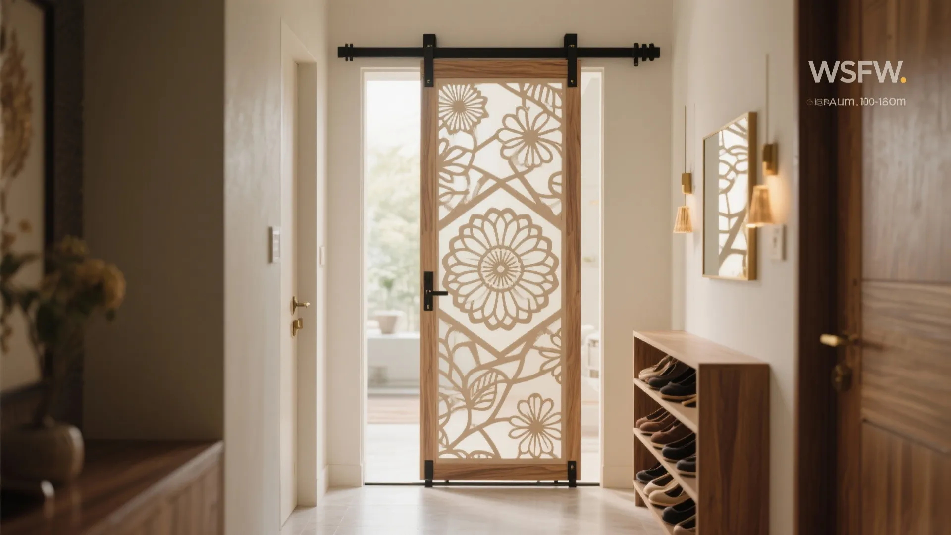 Wooden sliding door with flower pattern panels standing in a hallway near a shoe storage rack