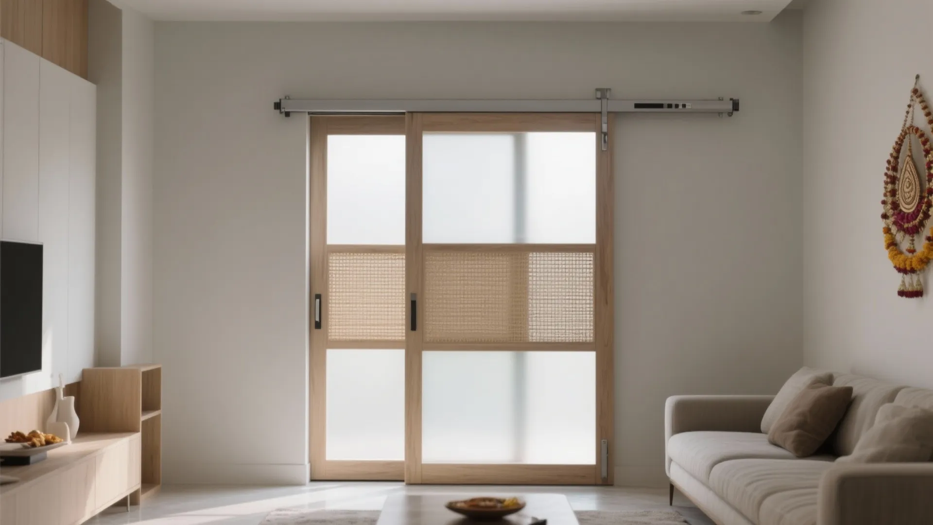 Sliding wooden doors with frosted glass and woven panels in a bright modern home living area