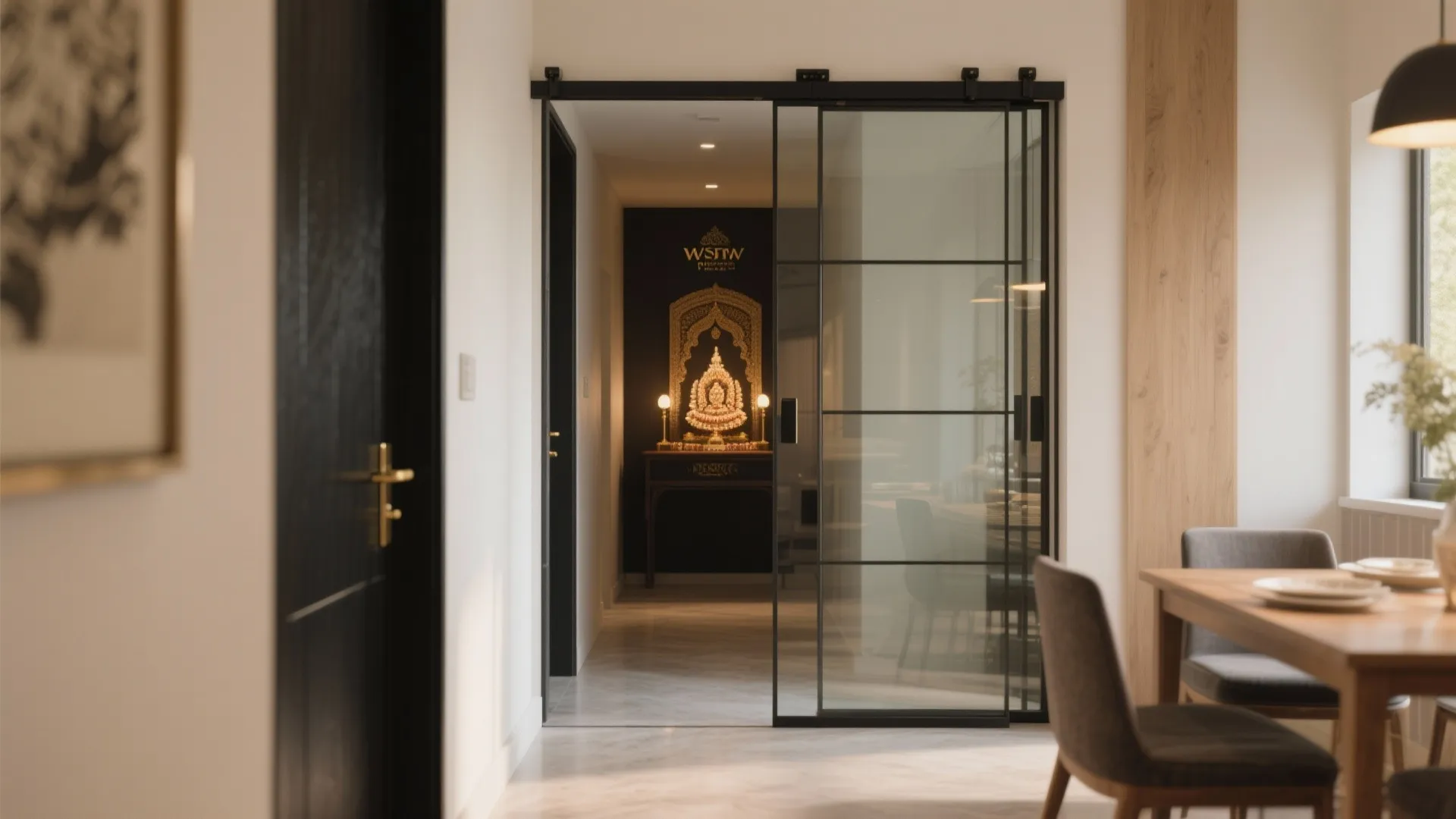 Modern black frame glass sliding door showing a prayer room with dining table and chairs