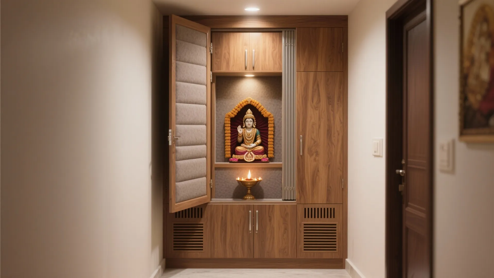 Sliding-door pooja niche integrated into cabinetry