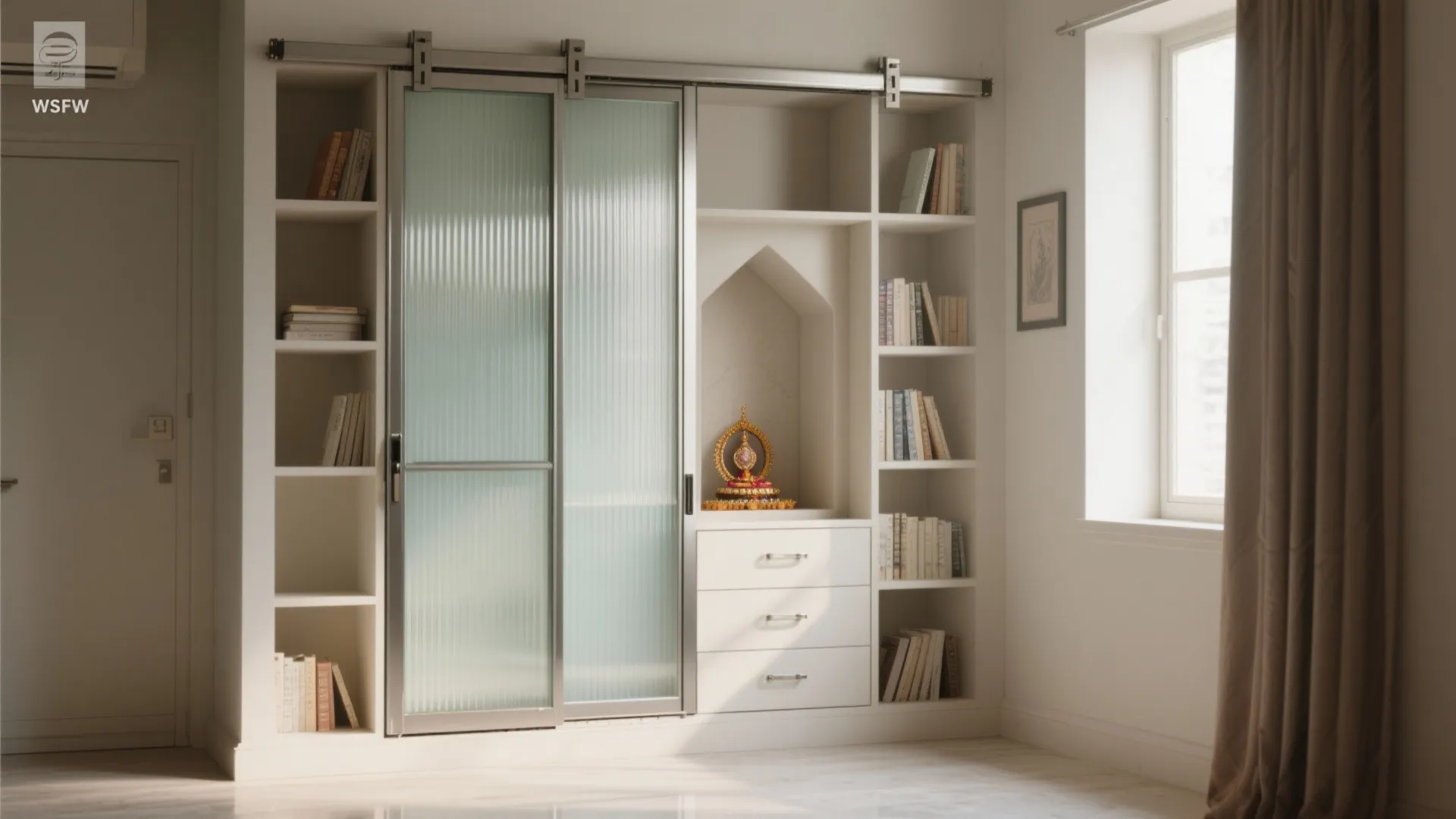 Built-in wall cabinet with sliding glass doors, white bookshelves, three drawers, and a small shrine