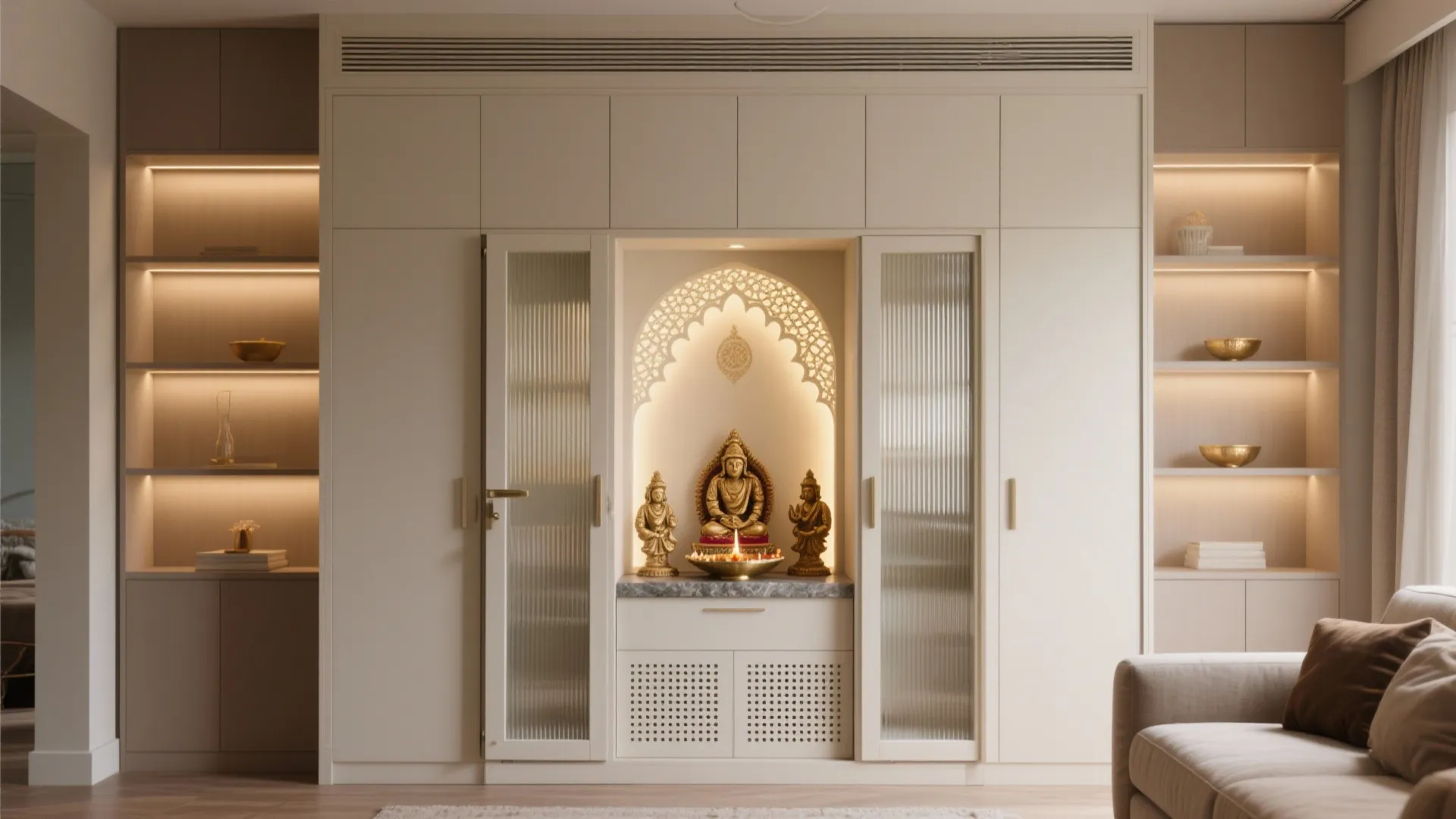 Sliding Door Pooja Niche Inside a Tall Cabinet