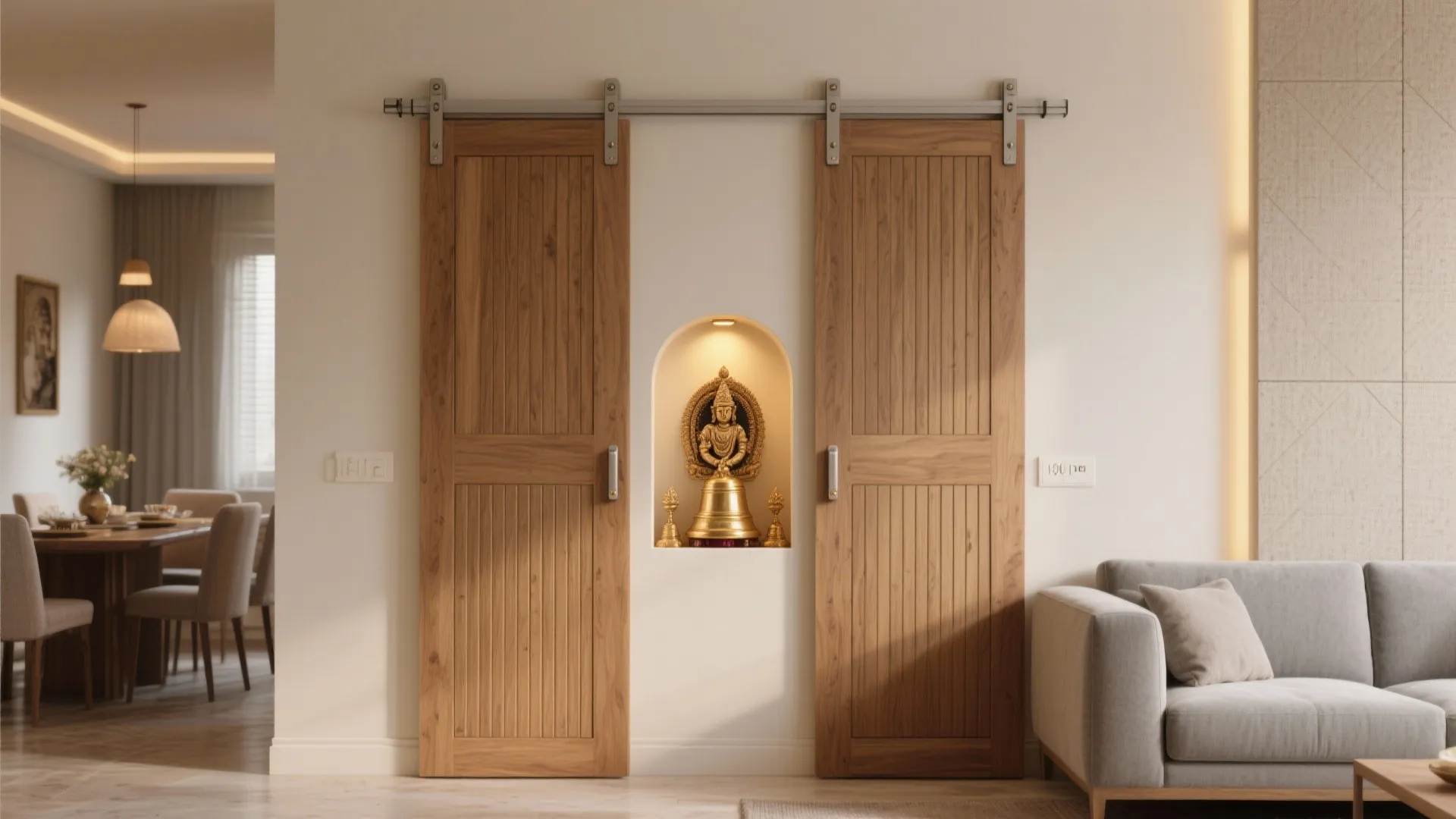 Wooden sliding doors open to show a wall niche with a golden statue and light