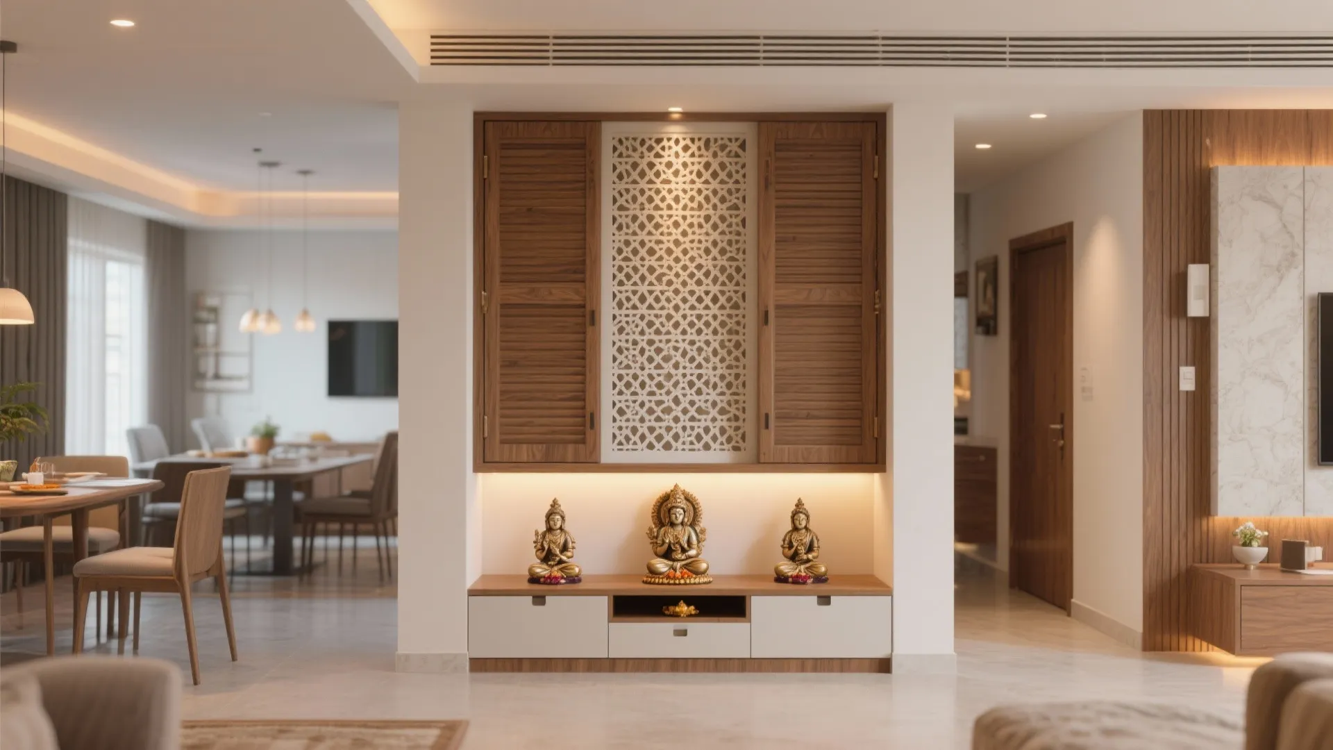 Modern room layout with wooden wall panels and a cabinet holding three gold small statues