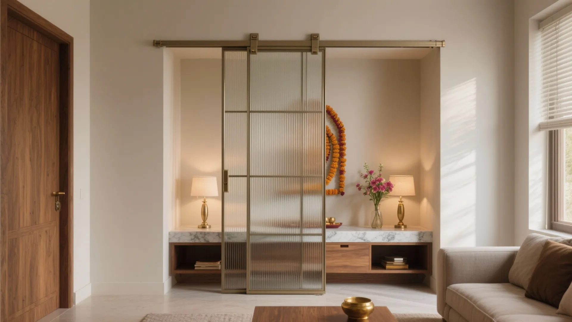 Sliding-Door Pooja Nook (Ribbed Glass or Timber Slats)