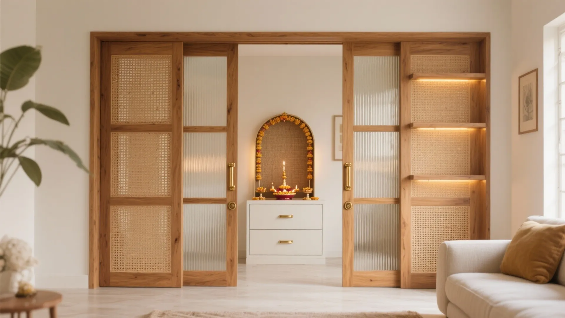 Living room view through wooden sliding doors showing a private prayer area with a white cabinet