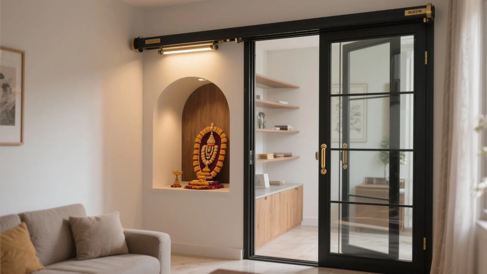 Modern living room with a grey sofa and black sliding glass doors leading to shelves