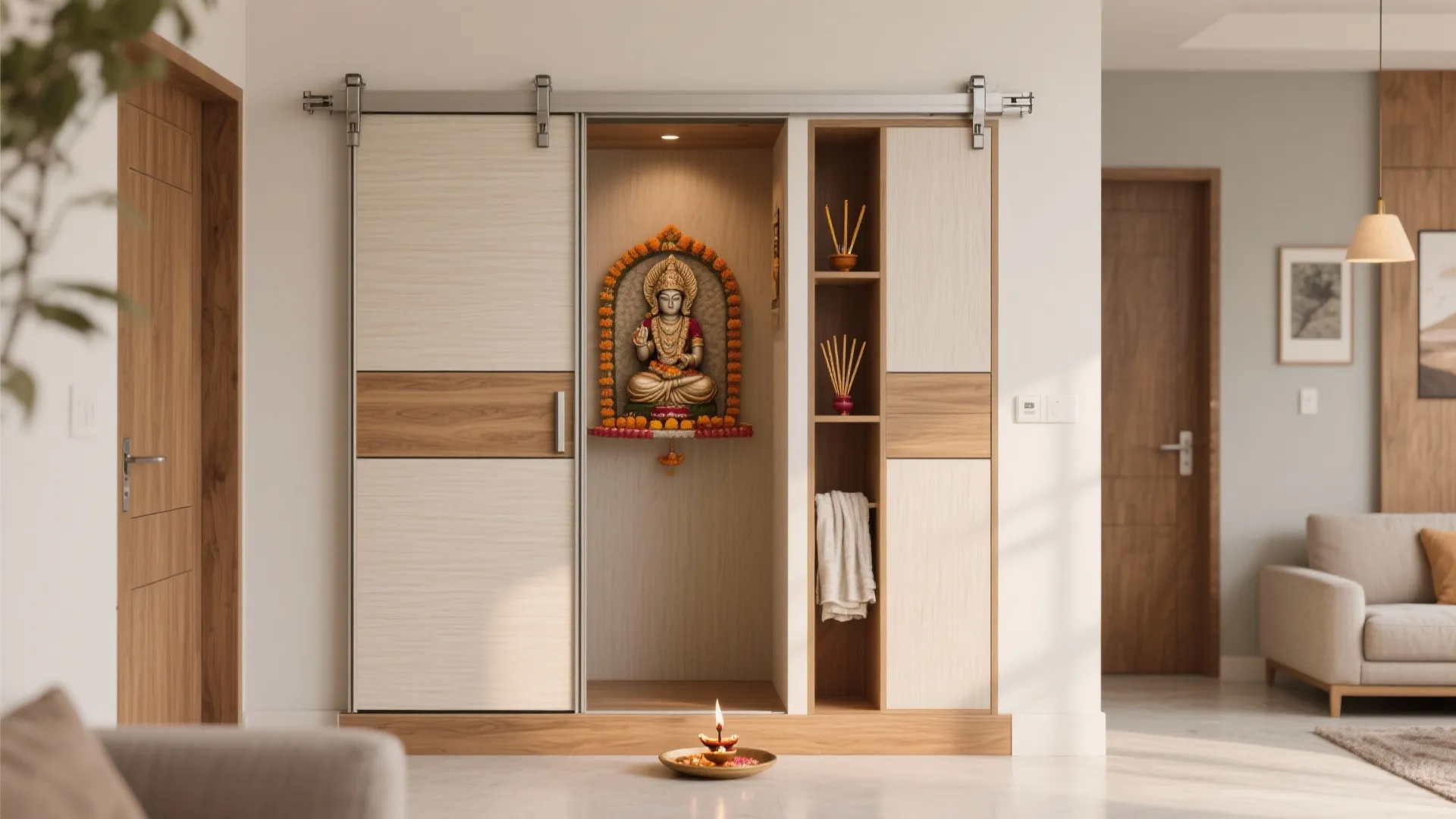 Top-hung sliding pooja doors with one panel revealing the deity wall and hidden storage.