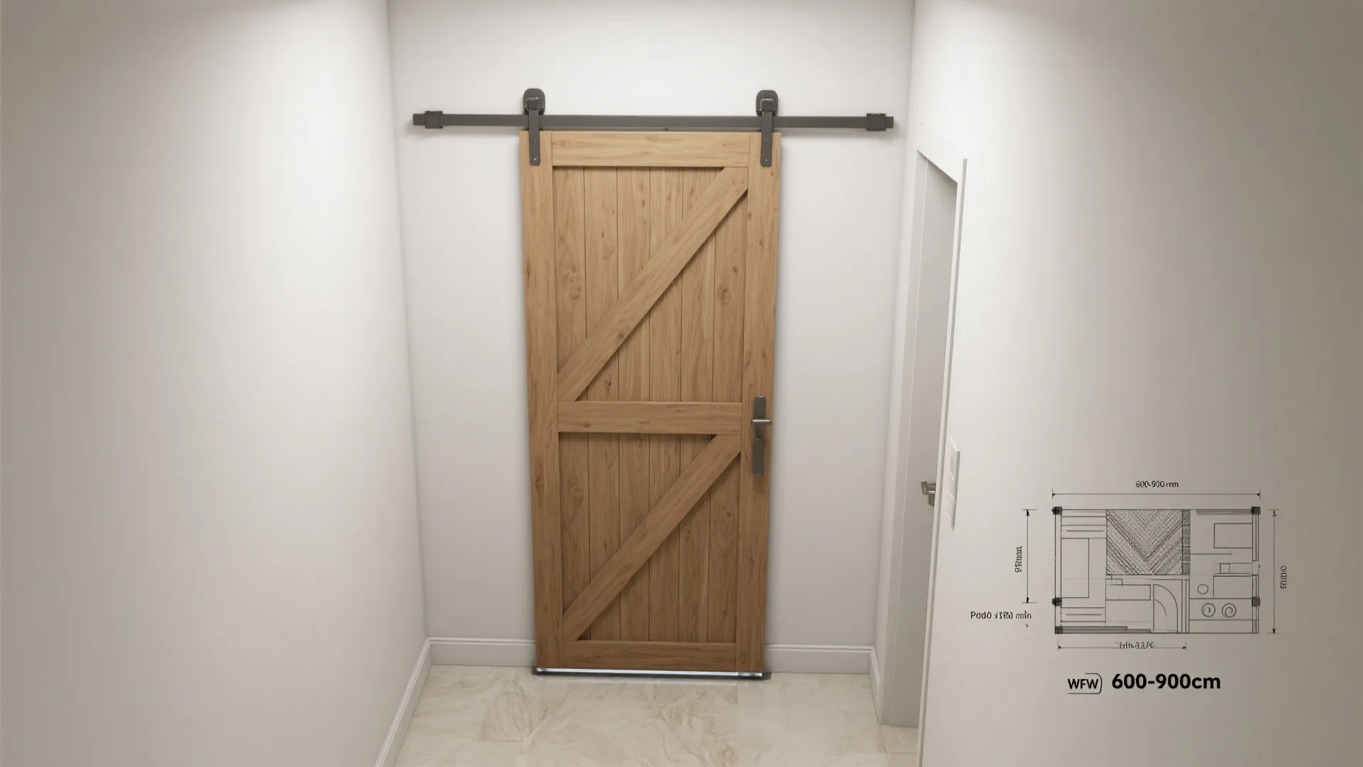 Top-down view of a sliding wooden pooja door in a tight corridor with clear wall length.