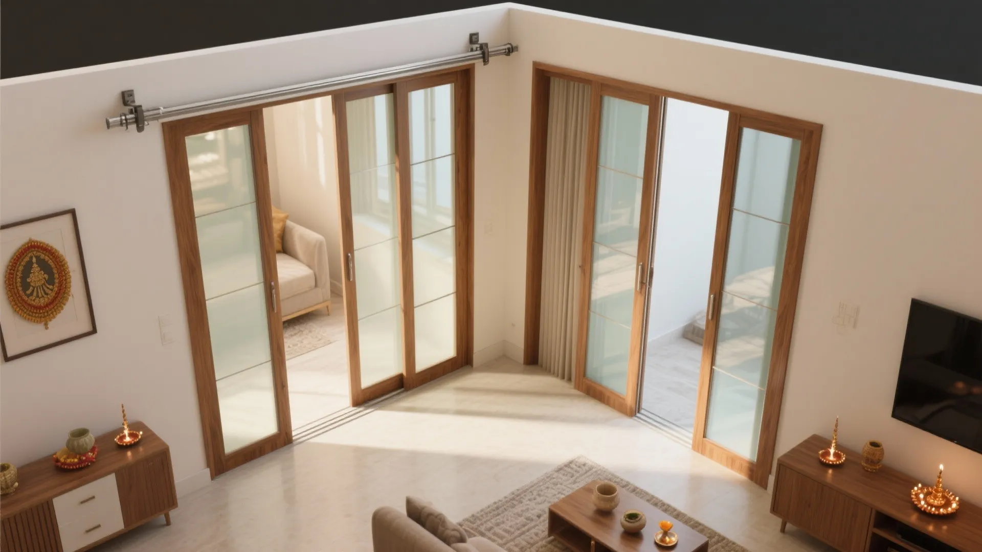 Modern living room featuring large sliding wood glass doors leading to bright indoor prayer room area